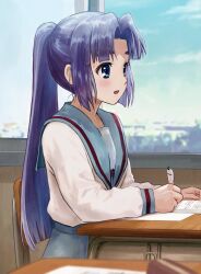 1girl alternate_hairstyle asakura_ryoko blue_eyes blue_hair blue_sailor_collar blue_sky book chair cloud commentary_request day desk highres holding holding_pen indoors ishiyuki kita_high_school_uniform long_hair long_sleeves on_chair open_book parted_bangs pen ponytail sailor_collar school_chair school_desk school_uniform serafuku sitting sky solo suzumiya_haruhi_no_yuuutsu window winter_uniform