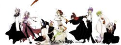 1girl 6+boys alchemist_(ragnarok_online) assassin_(ragnarok_online) bandages bandages_over_clothes bard_(ragnarok_online) belt beret black-framed_eyewear black_belt black_cape black_coat black_hair black_hat black_pants black_shoes blacksmith_(ragnarok_online) blonde_hair blue_eyes blue_hair brown_gloves brown_hair brown_horns cape closed_mouth coat collared_shirt commentary_request copyright_name cropped_jacket eyepatch fake_antlers flower fox_mask full_body glasses gloves gold_trim green_hair grey_shirt hat high_priest_(ragnarok_online) holding_hands horns hunter_(ragnarok_online) jacket lif_(ragnarok_online) looking_at_another male_focus mask masked multicolored_coat multiple_boys open_mouth pants pinwheel_hair_ornament priest_(ragnarok_online) purple_cape purple_shirt ragnarok_online red_eyes red_flower red_hat red_rose rose shirt shoes short_hair short_sleeves simple_background sitting sleeveless sleeveless_shirt smile standing two-tone_coat waist_cape wane_(ruki) waving white_background white_cape white_coat white_hair white_jacket white_pants white_shirt witch_hat wizard_(ragnarok_online)