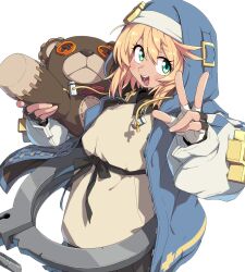 1boy black_skirt blonde_hair blue_eyes blue_jacket blush bridget_(guilty_gear) commentary fingerless_gloves gloves guilty_gear guilty_gear_strive hair_between_eyes highres holding holding_stuffed_toy hood hooded_jacket jacket long_sleeves looking_at_viewer male_focus open_mouth pleated_skirt roger_(guilty_gear) simple_background skirt solo stuffed_animal stuffed_toy teddy_bear trap w white_background yachima_tana