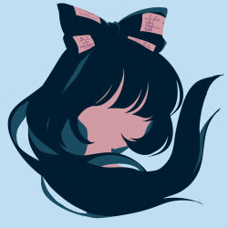 Rule 34 | 1girl, blue background, blue hair, blue ribbon, faceless, faceless female, hair ornament, hair ribbon, highres, limited palette, long hair, looking back, maskin mei, minimalism, ofuda, ofuda on clothes, patchwork clothes, ribbon, simple background, swept bangs, touhou, yorigami shion