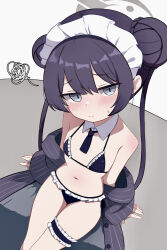 1girl bare_shoulders bikini black_bikini black_hair blue_archive blush breasts detached_collar frilled_bikini frilled_thigh_strap frills green_eyes hair_bun halo highres io9 kisaki_(blue_archive) loli looking_at_viewer maid maid_bikini maid_headdress navel pinstripe_jacket pinstripe_pattern small_breasts solo swimsuit thigh_strap unconventional_maid