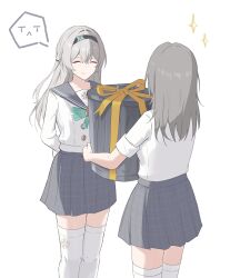 2girls absurdres alternate_costume arms_behind_back black_hairband bow bowtie closed_eyes closed_mouth commentary firefly_(honkai:_star_rail) firefly_(spring_missive)_(honkai:_star_rail) gift gift_wrapping green_bow green_bowtie grey_hair grey_sailor_collar grey_skirt hairband highres holding_trash_can honkai:_star_rail honkai_(series) long_hair multiple_girls nicel official_alternate_costume sailor_collar school_uniform serafuku shirt simple_background skirt smile stelle_(honkai:_star_rail) thighhighs thighs trailblazer_(honkai:_star_rail) white_background white_shirt white_thighhighs zettai_ryouiki