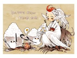1boy 2017 :t animal animal_feet bird bird_legs bird_tail bird_wings brown_background chewing chicken chicken_boy chinese_zodiac chopsticks closed_mouth cooking dated eating egg feather_hair feathered_wings food fork frying_pan full_body harpy_boy head_wings hideo_(green_hand) holding holding_chopsticks japanese_clothes kimono long_hair looking_at_food looking_down male_focus monster_boy multicolored_hair new_year original plate ponytail red_hair scrambled_egg signature sitting sitting_on_tree_stump solo spoon tail talons tree_stump two-tone_hair white_hair white_kimono white_wings winged_arms wings year_of_the_rooster yellow_eyes