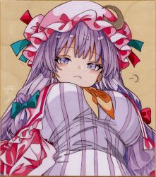 Rule 34 | 1girl, 870hanamarumomo, :&lt;, breasts, commentary request, crescent, crescent hair ornament, crescent hat ornament, dated, dress, hair ornament, hat, hat ornament, large breasts, long hair, looking at viewer, looking down, mob cap, patchouli knowledge, purple eyes, purple hair, signature, solo, striped clothes, striped dress, touhou, traditional media, vertical-striped clothes, vertical-striped dress