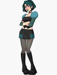 1girl aqua_hair artist_request blush boots breasts cartoon_network crossed_arms full_body green_eyes gwen_(total_drama) lips medium_breasts navel non-web_source short_hair skirt smile source_request total_drama white_background