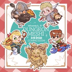 1girl 4boys armor beard brown_hair chibi chilchuck_tims dungeon_meshi dwarf english_text facial_hair fake_horns food full_body halfling helmet holding horned_helmet horns laios_touden long_beard marcille_donato merchandise_available multiple_boys mustache onion_holic plate_armor pointy_ears running senshi_(dungeon_meshi) thick_mustache winged_lion_(dungeon_meshi) wok