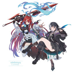 ahoge black_arm_warmers black_choker black_dress black_hair black_nails blue_fire blue_hair breasts chest_belt choker cleavage coat colored_inner_hair dress elizabeth_rose_bloodflame elizabeth_rose_bloodflame_(1st_costume) fire fire_on_chest fur-trimmed_coat fur_trim gloves greatsword grey_hair hair_ornament highres holding hololive hololive_english huge_ahoge jewelry lace lace-trimmed_choker lace_choker lace_trim large_breasts long_hair looking_at_viewer multicolored_hair multiple_girls open_mouth red_eyes red_hair shiori_novella shiori_novella_(1st_costume) simple_background smile split-color_hair striped_arm_warmers striped_clothes striped_gloves sword thorn_(elizabeth_rose_bloodflame) two-tone_hair very_long_hair vinhnyu virtual_youtuber weapon white_background white_dress yellow_eyes