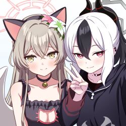2girls animal_ears bell black_bra black_choker black_hair black_horns blue_archive bra breasts brown_eyes brown_hair cat_cutout cat_ears cat_lingerie choker clothing_cutout fake_animal_ears flower gesupi_(provlemsolver57) grey_halo hair_between_eyes hair_flower hair_ornament halo highres horns jingle_bell kayoko_(blue_archive) long_hair looking_at_viewer medium_breasts meme_attire multicolored_hair multiple_girls nagisa_(blue_archive) neck_bell red_eyes red_halo selfie two-tone_hair underwear v white_flower white_hair white_wings wings