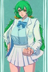 Rule 34 | 1girl, bleach, breasts, green eyes, green hair, hair ribbon, highres, large breasts, long hair, looking at viewer, nelliel tu odelschwanck, official alternate costume, ribbon, skirt, solo, strikek-lvvjm27