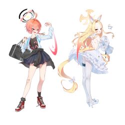 Rule 34 | &gt; o, 2girls, absurdres, ahoge, animal ear fluff, animal ears, bag, bandaid, bandaid on leg, bare back, bare shoulders, black bag, black halo, black jacket, black nails, black shirt, black socks, blonde hair, blue archive, blue ribbon, blue skirt, bow, bracelet, braid, clothes around waist, detached sleeves, dress, floral print, forehead, fox ears, fox girl, fox tail, halo, high heels, highres, holding, holding bag, huge ahoge, jacket, jacket around waist, jewelry, kkaru, lifting another&#039;s clothes, long hair, multiple girls, neru (blue archive), neru (school uniform) (blue archive), official alternate costume, one eye closed, pantyhose, pink eyes, red eyes, red hair, red shoes, ribbon, seia (blue archive), shirt, shoes, short hair, sidelocks, single braid, skirt, sleeves past fingers, sleeves past wrists, socks, striped clothes, striped pantyhose, tail, tail bow, tail ornament, untied ribbon, vertical-striped clothes, vertical-striped pantyhose, white bow, white dress, white pantyhose, white shirt, white shoes, yellow halo