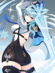 1girl arms_up ass black_hairband black_leotard blue_hair boots breasts clothing_cutout eula_(genshin_impact) genshin_impact gloves greatsword hair_ornament hairband high-waist_shorts highres holding holding_sword holding_weapon large_breasts leotard long_sleeves looking_at_viewer looking_back medium_hair multicolored_eyes qixi_cui_xing shorts shoulder_cutout snowflakes solo sword thigh_boots thighhighs thighs weapon yellow_eyes