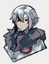 1girl arlecchino_(genshin_impact) black_eyes black_hair closed_mouth commentary english_commentary expressionless fur_collar genshin_impact grey_hair grey_shirt jacket kokuya_(kokuya28) looking_at_viewer multicolored_hair portrait shirt short_hair simple_background solo streaked_hair symbol-shaped_pupils upper_body white_background white_jacket x-shaped_pupils