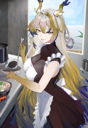 1girl :d absurdres alternate_costume apron arknights bare_shoulders black_dress blonde_hair blue_eyes chinese_commentary colored_extremities commentary_request cooking cowboy_shot dragon_girl dragon_horns dress enmaided frills grey_hair hair_between_eyes hair_intakes highres holding holding_ladle horns ladle long_hair looking_at_viewer maid maid_apron mikuning multicolored_hair open_mouth pointy_ears purple_hair shu_(arknights) sleeveless sleeveless_dress smile solo standing turtleneck turtleneck_dress very_long_hair white_apron