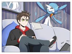1boy 1girl :3 ^_^ afterimage arms_up black_footwear black_jacket blue_hair blue_skin bob_cut book border brown_hair closed_eyes closed_mouth colored_skin controller couch crossed_legs cushion flat_chest game_controller gardevoir gen_3_pokemon green_eyes grey_pants hair_over_one_eye highres holding holding_controller holding_game_controller hood hooded_sweater indoors jacket kid_taped_to_wall_(meme) looking_afar meme mr._death multicolored_skin nintendo on_couch one_eye_covered original outstretched_arms pants photo_(object) pokemon pokemon_(creature) red_sweater restrained shoes short_hair sitting smile spread_arms sweater tablet_pc tape two-tone_skin v-shaped_eyebrows waving_arms white_border white_skin