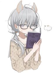 1girl animal_ears black-framed_eyewear blush body_freckles book closed_mouth commentary_request cropped_torso freckles glasses grey_hair hair_between_eyes highres holding holding_book long_hair long_sleeves looking_at_viewer low_twintails messy_hair occult original polka_dot polka_dot_shirt purple_eyes sailor_collar shirt simple_background solo sweat twintails upper_body white_background white_sailor_collar yoru_uyo