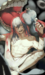 1boy abs absurdres air_(ai_r_) blue_eyes blue_hair bulging_eyes hair_ornament hair_scrunchie heterochromia highres jujutsu_kaisen long_hair low-tied_long_hair mahito_(jujutsu_kaisen) male_focus monster muscular muscular_male open_mouth pectorals scrunchie serratus_anterior signature smile solo stitched_arm stitched_face stitched_neck stitches teeth yellow_eyes
