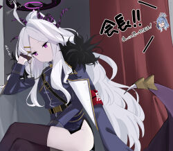 2girls absurdres ahoge ako_(blue_archive) armband belt black_belt black_coat black_gloves black_halo black_thighhighs blue_archive blue_eyes blue_hair blue_halo breasts coat coat_on_shoulders demon_girl demon_horns demon_wings gloves halo highres hina_(blue_archive) horns matsukan_(dug_pile) multiple_girls purple_eyes red_armband sitting small_breasts thighhighs thighs translation_request white_hair wings