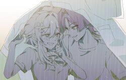 Rule 34 | 1boy, 1girl, alternate costume, blouse, blush, bow, breast pocket, clenched hand, collarbone, contemporary, eyelashes, eyeliner, eyeshadow, genshin impact, hair between eyes, hair intakes, hair ornament, hairclip, hands up, hetero, improvised umbrella, large bow, limited palette, looking at another, lumine (genshin impact), makeup, outdoors, parted bangs, pocket, puffy sleeves, purple eyes, purple hair, rain, red eyeliner, red eyeshadow, scaramouche (genshin impact), school uniform, shared shirt, shirt, shirt over head, short hair, short hair with long locks, short sleeves, sia37068010, sidelocks, smile, tsurime