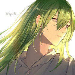 1boy check_copyright closed_mouth copyright_request enkidu_(fate) eyes_visible_through_hair fate_(series) grey_hair hair_between_eyes hair_over_eyes highres long_hair looking_to_the_side male_focus profile purple_eyes shirt signature simple_background solo torapochi3 white_background white_shirt