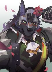 1boy animal_ears blush closed_mouth flower furry furry_male green_eyes highres holding holding_flower looking_at_viewer male_focus official_alternate_costume rolf_(world_flipper) smile tian_qi_qing upper_body white_background wolf_boy wolf_ears world_flipper