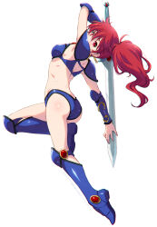 1girl arm_behind_back arm_up armor armored_boots armpits asagiri_youko ass bikini_armor boots breasts commentary earrings from_side full_body genmu_senki_leda hair_between_eyes hand_on_blade highres holding holding_over_opposite_shoulder holding_sword holding_weapon jewelry kazuma_muramasa knee_boots leg_up long_hair looking_at_viewer looking_back medium_breasts midriff over_shoulder ponytail red_eyes red_hair revision simple_background small_breasts solo sword sword_over_shoulder thighs very_long_hair weapon weapon_over_shoulder white_background