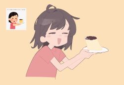 1girl animated brown_hair food holding holding_plate irasutoya irasutoya_challenge namagaki_ataru plate pudding short_sleeves tagme video