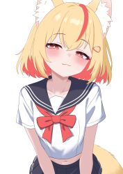1girl :3 absurdres animal_ear_fluff animal_ears black_sailor_collar black_skirt blonde_hair bow bowtie bright_pupils closed_mouth colored_inner_hair cowboy_shot crop_top fang fox_ears fox_tail hair_ornament hairclip highres looking_at_viewer midriff miniskirt multicolored_hair navel oldsickkim original pleated_skirt red_bow red_bowtie red_eyes red_hair sailor_collar school_uniform serafuku shirt short_hair short_sleeves simple_background skirt smile solo streaked_hair tail two-tone_hair white_background white_shirt