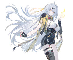 1girl ahoge asymmetrical_gloves black_gloves black_shorts black_thighhighs breasts closed_mouth commentary_request cowboy_shot echj elbow_gloves fingerless_gloves fingernails gloves grey_hair hair_ornament hand_up high-waist_shorts highres jacket kuji-in large_breasts long_hair looking_at_viewer nail_polish red_nails shirt shorts simple_background single_elbow_glove single_hair_intake single_thighhigh solo thigh_strap thighhighs thighs uneven_gloves very_long_hair white_background white_shirt yellow_eyes yellow_jacket yi_xuan_(zenless_zone_zero) zenless_zone_zero
