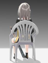 1girl absurdres ankle_boots baseball_bat black_boots black_jacket boots devil_may_cry_(series) devil_may_cry_5 facing_away from_behind full_body grey_background grey_hair highres holding holding_baseball_bat honkai:_star_rail honkai_(series) jacket long_hair meme monobloc_(chair) on_chair sasaki3rd sitting solo stelle_(honkai:_star_rail) thigh_strap trailblazer_(honkai:_star_rail) vergil&#039;s_chair_(meme)