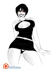 1girl absurdres adjusting_clothes artist_name bare_arms bare_legs bare_shoulders big_mouth black_eyeshadow black_hair breasts cleavage cleavage_cutout clothing_cutout curvy dress earrings english_text eyelashes eyeshadow greyscale grin half-closed_eyes highleg highleg_panties highres jago_dibuja jewelry lady_death_(pearl_jam) large_breasts looking_at_viewer makeup micro_panties miniskirt monochrome naughty_face panties partially_visible_vulva pearl_jam red_eyes shiny_skin short_dress short_hair simple_background skindentation skirt smile standing thong underwear wide_hips