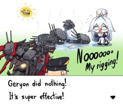 2girls azur_lane bismarck_(azur_lane) bismarck_zwei_(azur_lane) black_hat blonde_hair chibi english_text flying_sweatdrops from_behind gameplay_mechanics hat ice long_hair melting multiple_girls nintendo non-humanoid_robot parody peaked_cap pokemon pokemon_battle rigging robot robot_dragon ship_turret sovetsky_soyuz_(azur_lane) troll_face very_long_hair white_hair white_hat whitter