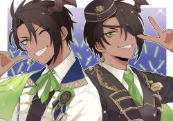 Rule 34 | 2boys, aragami oga, asymmetrical sidelocks, award ribbon, back-to-back, black hair, black hat, black jacket, black vest, border, cape, collared shirt, curtained hair, dark-skinned male, dark skin, demon horns, dual persona, earrings, eyepatch, finger to mouth, fingernails, garrison cap, glowstick, green cape, green eyes, green necktie, green ribbon, grin, hair between eyes, hat, highres, holostars, holostars idol uniform (1st act), holostars idol uniform (2nd act), horns, idol, idol clothes, jacket, jewelry, lapels, long sleeves, looking at viewer, male focus, medal, mioto (tsubsq m), multiple boys, neck ribbon, necktie, notched lapels, official alternate costume, one eye closed, outside border, ribbon, sharp fingernails, sharp teeth, shirt, short hair, side cape, single earring, single horn, smile, teeth, upper body, v, vest, virtual youtuber, white border, white jacket, white shirt