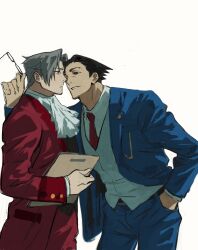 2boys ace_attorney arm_up ascot black_hair blue_jacket blue_pants blue_suit buttoned_cuffs buttons clipboard closed_mouth coat commentary contrapposto cowboy_shot curtained_hair eye_contact formal_clothes frown glasses grey_hair grey_vest hand_in_pocket highres holding holding_clipboard holding_removed_eyewear jacket layered_sleeves leaning_forward long_sleeves looking_at_another male_focus miles_edgeworth multiple_boys necktie open_clothes open_jacket pants parted_lips phoenix_wright red_coat red_necktie shirt short_hair short_sideburns simple_background smile sotenborii suit suit_jacket teeth unworn_eyewear vest white_ascot white_background white_shirt yaoi