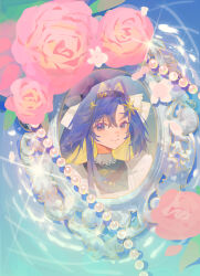 Rule 34 | 1girl, apron, black dress, black hairband, blonde hair, blue background, blue eyes, blue hair, colored inner hair, dress, flower, gem, hair ornament, hairband, highres, kubing aaa, long hair, looking at viewer, multicolored hair, pearl (gemstone), picture frame, pink flower, pink rose, portrait, portrait (object), reverse:1999, rose, solo, sparkle, star (symbol), star hair ornament, very long hair, voyager (reverse:1999), white apron