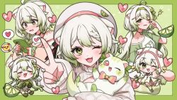 1boy 1girl ahoge animal_ears bare_shoulders blush breasts cellphone chibi cleavage_cutout clothing_cutout commission dress embarrassed ferret ferret_ears ferret_girl ferret_tail food fruit gradient_hair gradient_tail green_background green_eyes green_hair green_nails green_shirt green_tail hair_between_eyes hairband heart hood hood_down hood_up ichiko_1234 indie_virtual_youtuber jacket laimu_(vtuber) laimu_(vtuber)_(1st_costume) laimu_(vtuber)_(cozy) laimu_(vtuber)_(winter) lime_(fruit) lime_necklace lime_slice limon_(laimu) medium_breasts multicolored_hair multicolored_tail multiple_views one_eye_closed phone pink_dress pink_nails ribbon shirt shirt_slip simple_background sleepy smartphone sundress sweater t-shirt tail turtleneck turtleneck_sweater two-tone_hair two-tone_tail uwu v vgen_commission vinesauce virtual_youtuber waking_up white_hair white_sweater white_tail