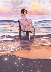1girl beach black_hair chair closed_mouth cloud cloudy_sky commentary_request dress full_body highres horizon hugging_own_legs knees_up long_sleeves looking_to_the_side ocean on_chair original outdoors own_hands_together short_hair sitting sky smile solo sunset takaichi_(tkch) water waves white_dress