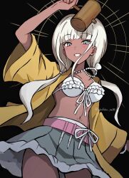 1girl bikini blunt_bangs breasts danganronpa_(series) danganronpa_v3:_killing_harmony dark-skinned_female dark_skin frills fuku_sa grin hammer highres holding holding_hammer jacket jewelry long_hair looking_at_viewer low_twintails navel_piercing open_mouth piercing skirt smile solo swimsuit teeth twintails yonaga_angie