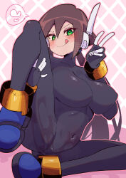 1girl absurdres aile_(mega_man_zx) black_bodysuit blush bodysuit breasts brown_hair buzzlyears covered_erect_nipples green_eyes heart highres large_breasts long_hair mega_man_(series) mega_man_zx mega_man_zx_advent pink_background ponytail robot_ears simple_background solo speech_bubble spoken_heart suggestive_fluid tongue tongue_out v