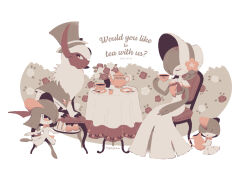 Rule 34 | 1girl, absol, absol (fashionable), bonnet, chair, closed eyes, commentary, cup, english text, flower, food, gardevoir, gardevoir (fashionable), gen 3 pokemon, highres, holding, holding cup, holding plate, kirlia, manami (uovoegg), nintendo, plate, pokemon, pokemon unite, ralts, red flower, red rose, rose, sandwich, sitting, smile, symbol-only commentary, tablecloth, tea party, teacup, teapot, white flower, white rose