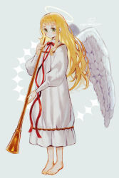1girl absurdres barefoot blonde_hair blush bow closed_mouth commentary_request dress feathered_wings green_eyes grey_background halo hand_up highres holding holding_instrument instrument instrument_request long_hair long_sleeves looking_at_viewer numbers_(pigpenandpaper) original puffy_long_sleeves puffy_sleeves red_bow simple_background solo standing very_long_hair white_dress white_wings wings