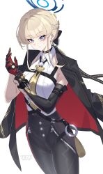 Rule 34 | 1girl, adjusting clothes, adjusting gloves, akanora, black choker, black gloves, black jacket, black pants, black ribbon, blonde hair, blue archive, blue eyes, braid, breasts, choker, collared shirt, commentary request, cosplay, cowboy shot, earrings, elbow gloves, evelyn chevalier, evelyn chevalier (cosplay), gloves, half up braid, halo, high-waist pants, highres, jacket, jacket on shoulders, jewelry, long ribbon, looking at viewer, medium breasts, necktie, pants, ribbon, ring hair ornament, shirt, short hair, sidelocks, single elbow glove, solo, tight clothes, tight pants, toki (blue archive), white background, white shirt, yellow necktie, zenless zone zero