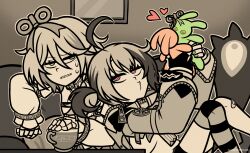 Rule 34 | 2girls, ahoge, artist name, bandaid, bandaid on leg, cecilia immergreen, commentary, cup, derivative work, english commentary, gardavwar, gigi murin, green eyes, heart, highres, holding, holding stuffed toy, hololive, hololive english, huge ahoge, long sleeves, looking at another, multiple girls, nemlei (style), o3o, parted lips, pink eyes, puckered lips, raised eyebrow, short hair, single thighhigh, spot color, striped clothes, striped thighhighs, stuffed toy, teacup, the coffin of andy and leyley, thighhighs, twintails, virtual youtuber, winding key