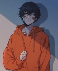1boy against_wall bandaid bandaid_on_cheek bandaid_on_face black_hair black_pants blue_eyes closed_mouth collarbone commentary hair_between_eyes highres hood hoodie looking_at_viewer male_focus moxamog orange_hoodie original pants shaded_face shadow short_hair sleeves_past_wrists solo symbol-only_commentary upper_body