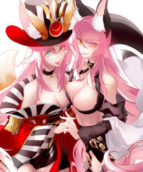 2girls animal_ears bare_shoulders breasts choker cleavage cosplay costume_switch detached_sleeves facial_mark fate/grand_order fate_(series) forehead_mark fox_ears fox_girl fox_tail glasses green_eyes gushu009 hat highres historical_name_connection holding_hands houshin_engi huge_breasts interlocked_fingers koyanskaya_(fate) koyanskaya_(lostbelt_beast:iv)_(fate) long_hair multiple_girls name_connection off_shoulder open_mouth pink_hair smile so_dakki tail trait_connection yellow_eyes