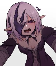 1girl @_@ absurdres bandaged_arm bandages bilingual_commentary black_mask blush bob_cut breasts breasts_apart commentary english_commentary gradient_background grey_background half_mask heart highres honkai:_star_rail honkai_(series) long_eyelashes low_neckline mask mask_over_one_eye masked mixed-language_commentary one_eye_covered open_mouth outstretched_arms pointy_ears polyxia_(honkai:_star_rail) pov purple_eyes purple_hair short_hair simple_background small_breasts solo teeth textless_version white_background wifi_saga yandere yukadon yukadon_on_viewer