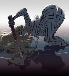 1girl artist_request asherah_(megami_tensei) ass black_lips blonde_hair body_markings border breasts colored_sclera demon demon_(megami_tensei) demon_girl feet_out_of_frame from_behind full-body_tattoo hair_between_eyes holding holding_weapon large_breasts long_hair looking_back lying non-web_source nude parted_lips pointy_ears reflection ripples shin_megami_tensei shin_megami_tensei:_strange_journey simple_background solo tattoo top-down_bottom-up underboob water weapon white_border yellow_sclera