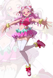 1girl ankou_kyoudai blush clover_earrings commentary cone_hair_bun crop_top cure_yell detached_sleeves double_bun flower hair_bun hair_flower hair_ornament hair_ribbon highres hugtto!_precure long_hair magical_girl midriff navel nono_hana open_mouth pink_eyes pink_hair pink_shirt pink_shoes pink_skirt pleated_skirt precure puffy_detached_sleeves puffy_sleeves red_ribbon ribbon see-through_clothes see-through_sleeves shirt shoes skirt smile solo thighhighs white_thighhighs wrist_cuffs