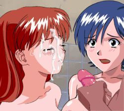 1boy 2girls animated asuka_(viper) blue_eyes blue_hair breasts brown_eyes brown_hair closed_eyes closed_mouth collarbone cum cum_on_body cum_on_hair erection eyelashes facial facing_viewer hetero indoors large_breasts lips long_hair looking_at_another lowres masturbation miki_(viper) multiple_girls nude open_mouth penis portrait rape shiny_skin short_hair tagme third-party_edit veins veiny_penis viper_(series) viper_ctr