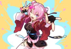 1girl bell belt black_dress black_gloves blue_belt blue_eyes breasts chinese_clothes commentary_request cowboy_shot cropped_jacket dress fingerless_gloves gloves highres honkai:_star_rail honkai_(series) jacket jingle_bell long_sleeves looking_at_viewer march_7th_(honkai:_star_rail) march_7th_(hunt)_(honkai:_star_rail) medium_breasts medium_hair multicolored_eyes official_alternate_costume official_alternate_hairstyle one_eye_closed open_hand open_mouth pink_eyes pink_hair pink_pupils pink_sash puffy_sleeves reaching reaching_towards_viewer red_jacket sash shishamo_(4731) short_dress shuangyaji smile solo thighhighs two-tone_eyes underbust white_sleeves white_thighhighs