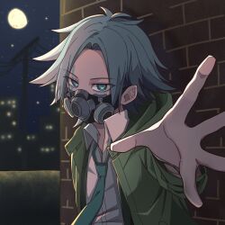 Rule 34 | 1boy, aqua necktie, blue eyes, brick wall, building, collared shirt, green jacket, grey hair, highres, jacket, korean commentary, liam1234 d, looking at viewer, male focus, mask, moon, necktie, night, night sky, outdoors, outstretched arm, respirator, shirt, sky, solo, sonoda fucho, star (sky), starry sky, tribe nine, upper body, utility pole, white shirt